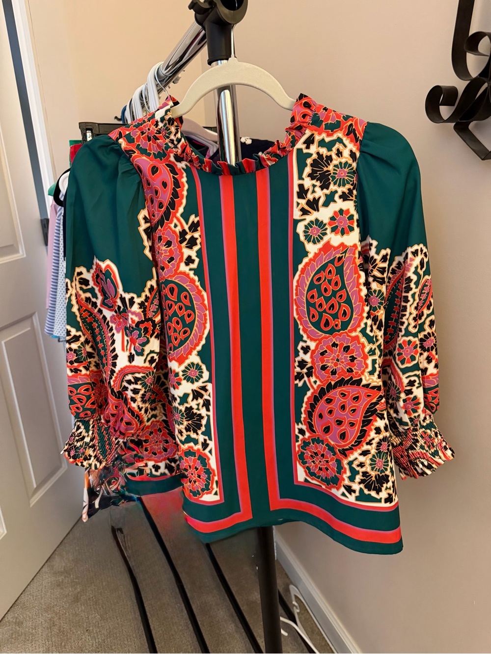 Joy Joy Green and Coral Paisley Printed Boho Top